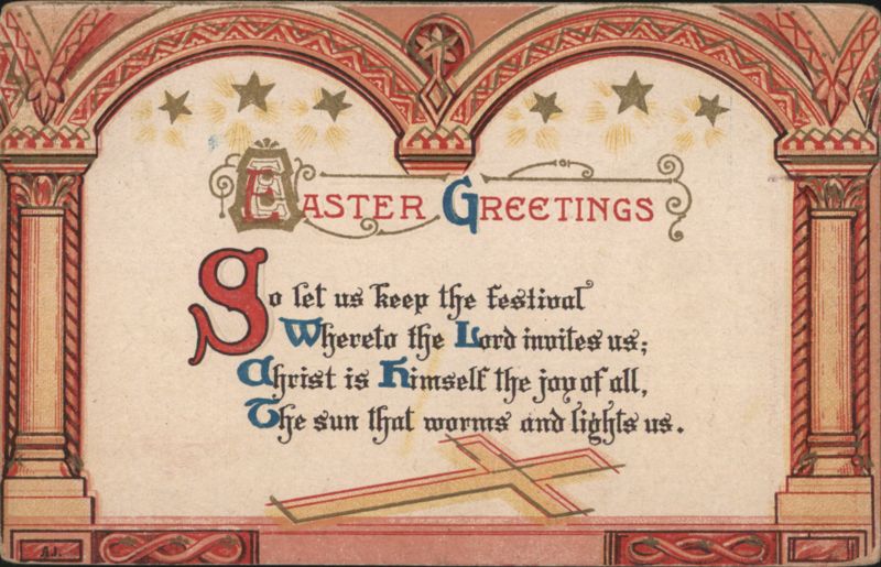 Easter Greetings with Cross and Poem, Ornate Arched Design