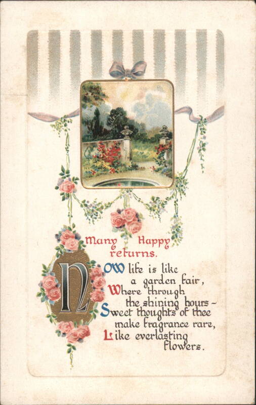 Many Happy Returns Garden Scene with Flowers and Poetic Verse