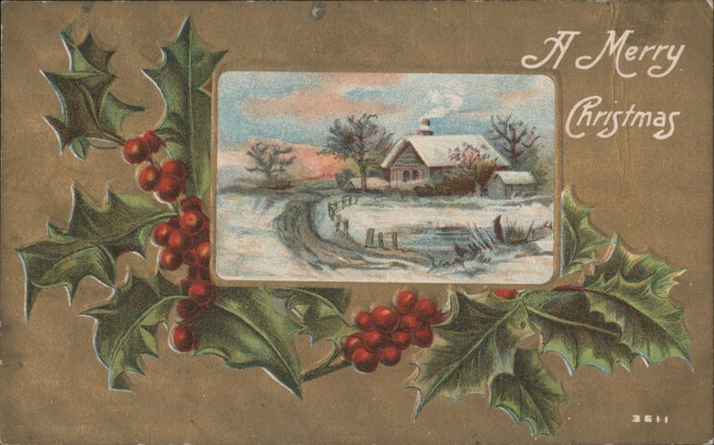 A Merry Christmas Snowy Winter Scene with Holly and Berries