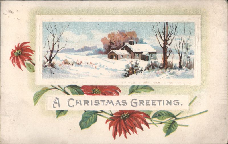 A Christmas Greeting - Snowy Winter Scene with Poinsettias