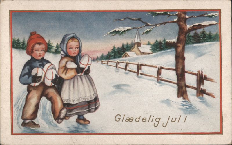 Children in Snow with Church, Glædelig jul! Christmas Greeting