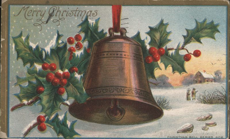 Merry Christmas Bell with Holly and Snow in Winter Landscape