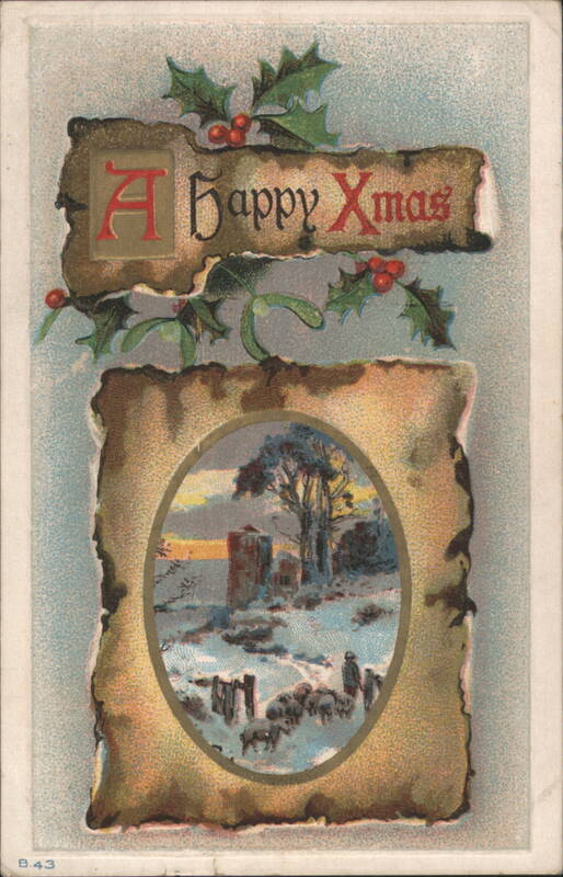 Christmas Greeting: Snowy Winter Scene with Sheep and Shepherd