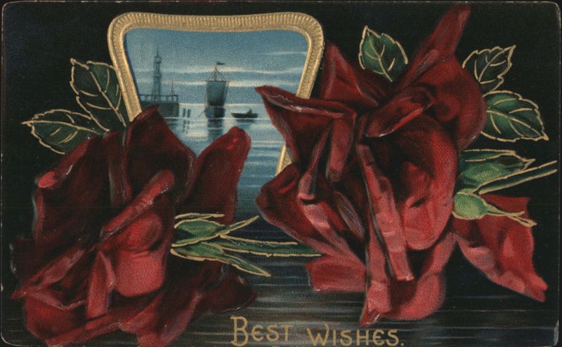Red Roses Framing Lighthouse & Sailboat Seascape, Best Wishes Greeting
