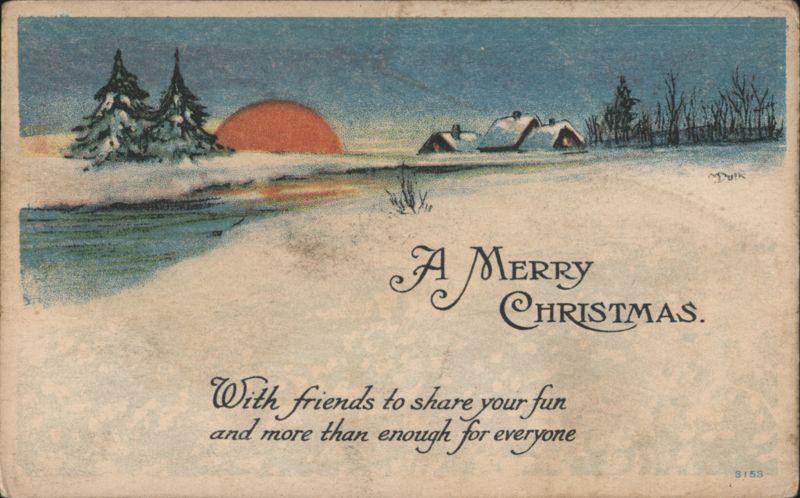 Merry Christmas Winter Landscape with Snowy Houses and Red Sun