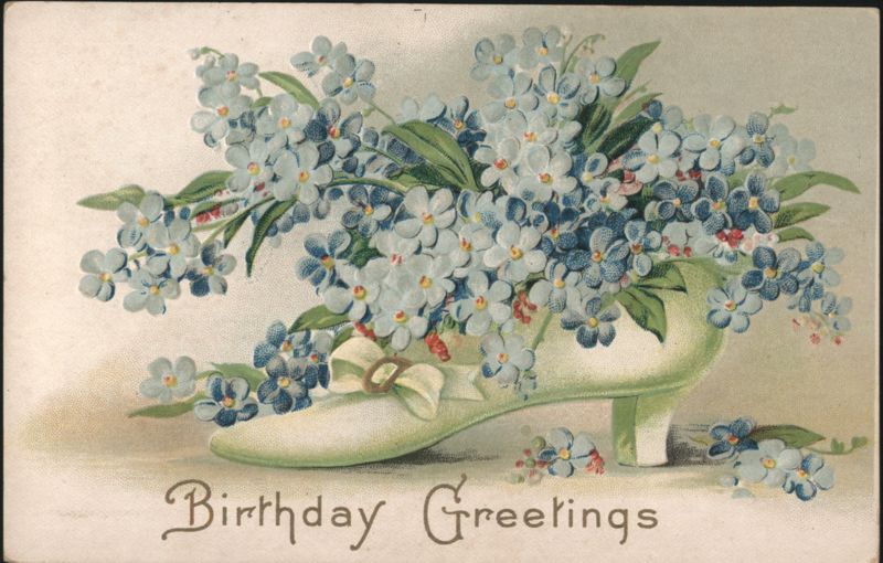 Birthday Greetings with Forget-Me-Not Flowers in Green High-Heeled Shoe