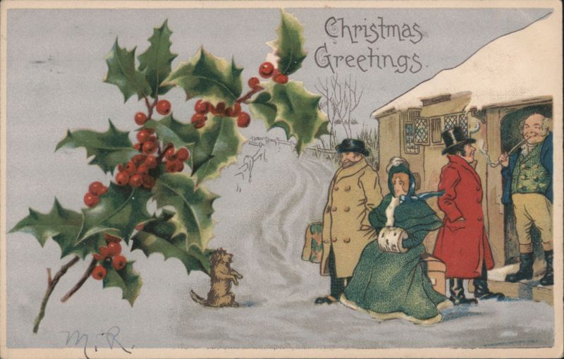 Christmas Greetings with Holly, People, Dog, and Snowy House