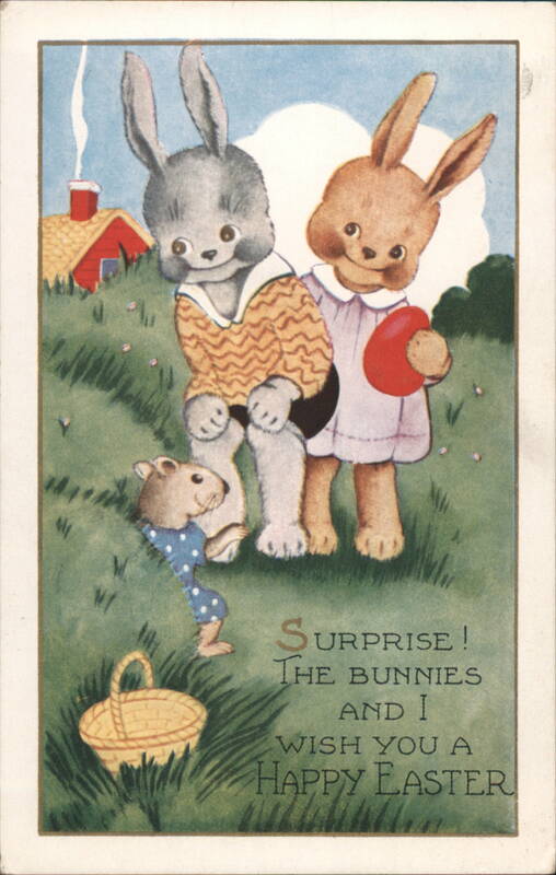 Easter Bunnies & Mouse with Basket, 'Surprise! Happy Easter' Greeting