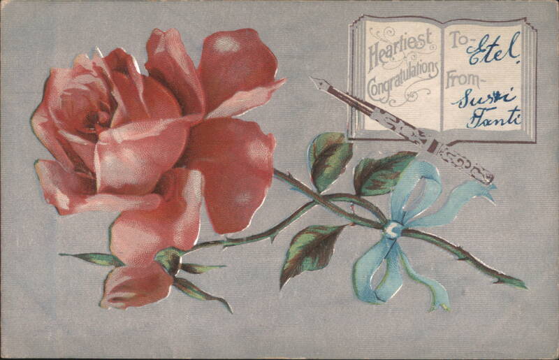 Red Rose with Quill Pen, Open Book & Congratulations Message