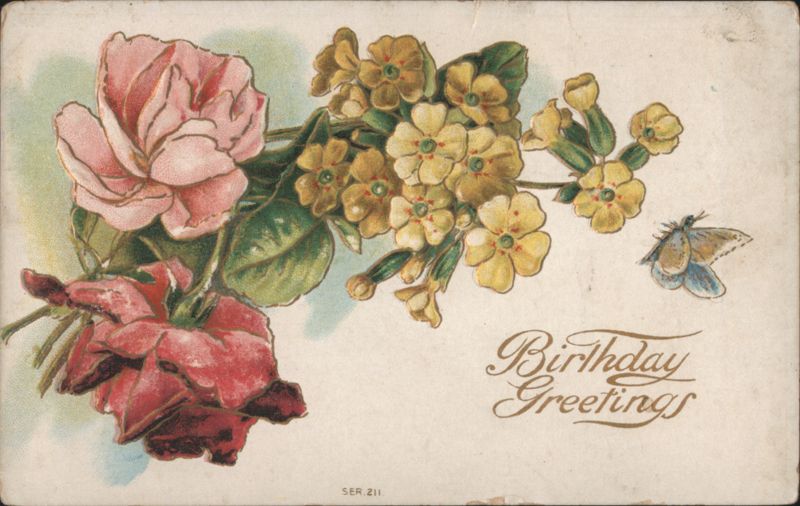 Birthday Greetings with Pink & Red Roses, Yellow Flowers & Butterfly