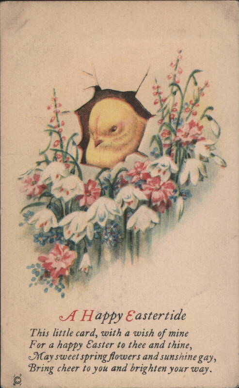 Easter Chick Hatching with Spring Flowers, 'A Happy Eastertide' Poem