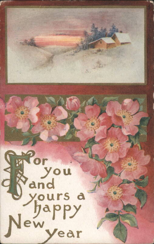 Happy New Year Card with Snowy Village and Pink Wild Roses