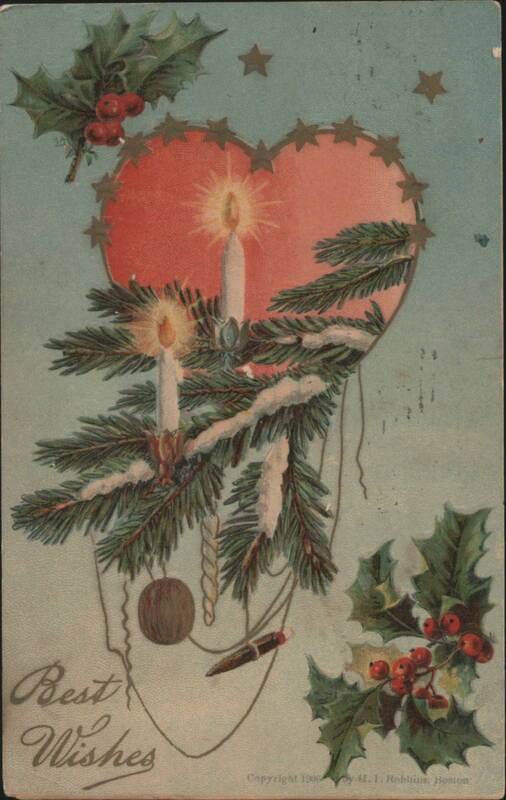 Best Wishes Heart with Candles, Pine, Holly, and Snow