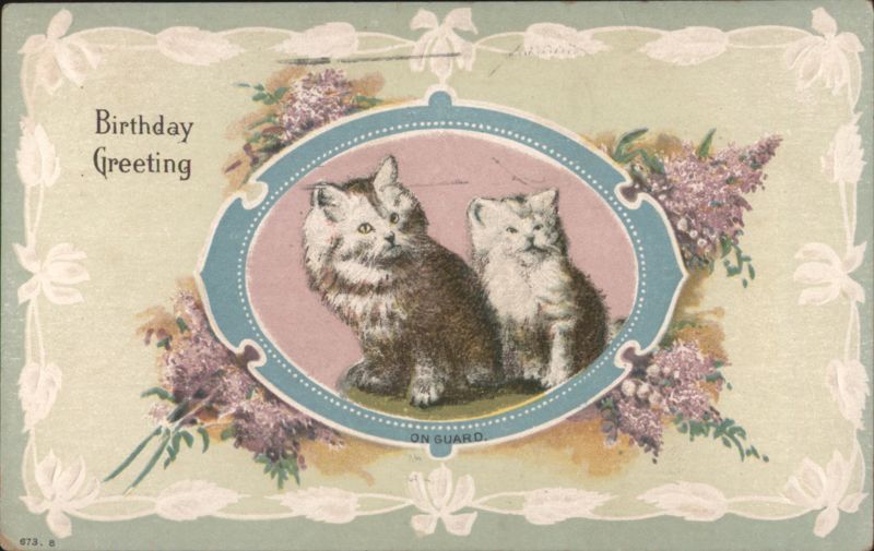 Birthday Greeting with Two Cats and Lilacs
