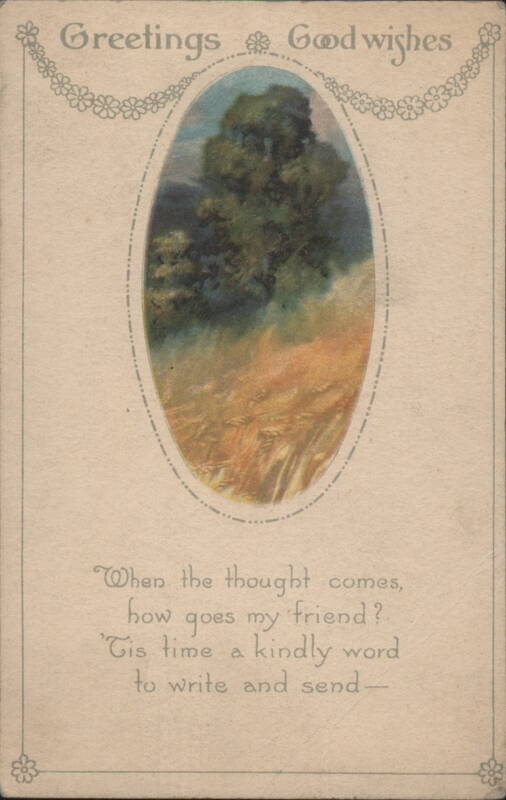 Greetings & Good Wishes with Oval Landscape of Trees and Golden Field