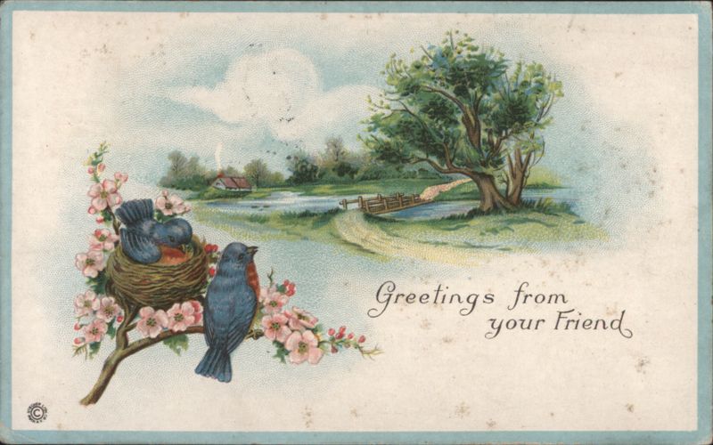Bluebirds in Nest with Blossoms, Greetings from your Friend