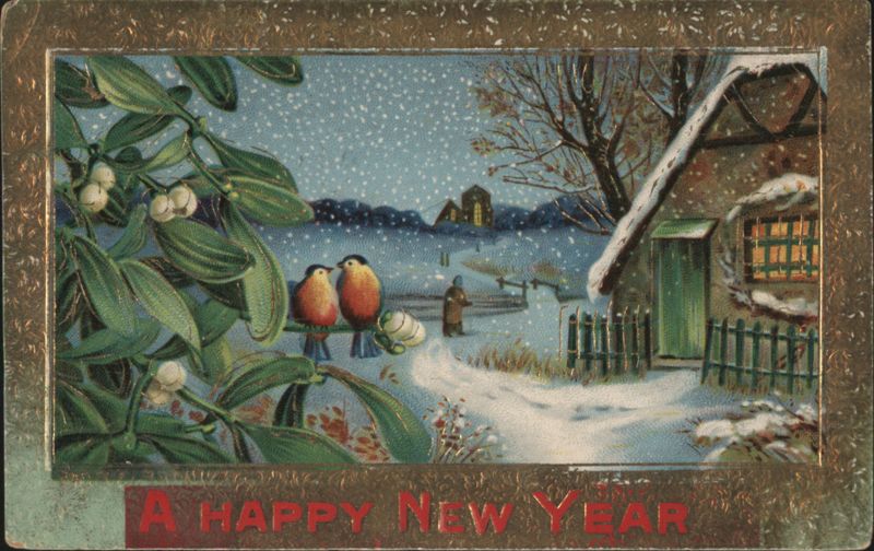 Winter Scene with Birds & Mistletoe, A Happy New Year