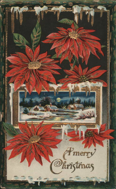 Poinsettias & Icicles Frame Snowy Village Scene, A merry Christmas