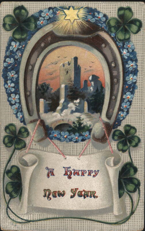 Happy New Year Horseshoe with Shamrocks and Castle Ruins