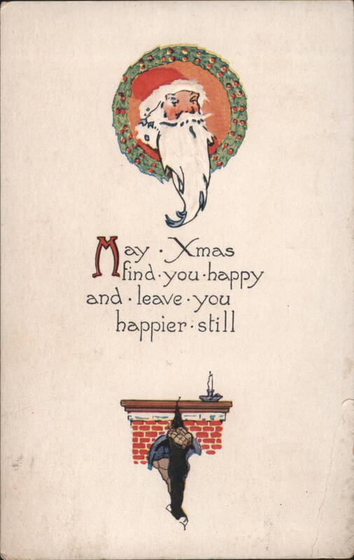 Santa Claus in Wreath, Christmas Greeting, May Xmas Find You Happy