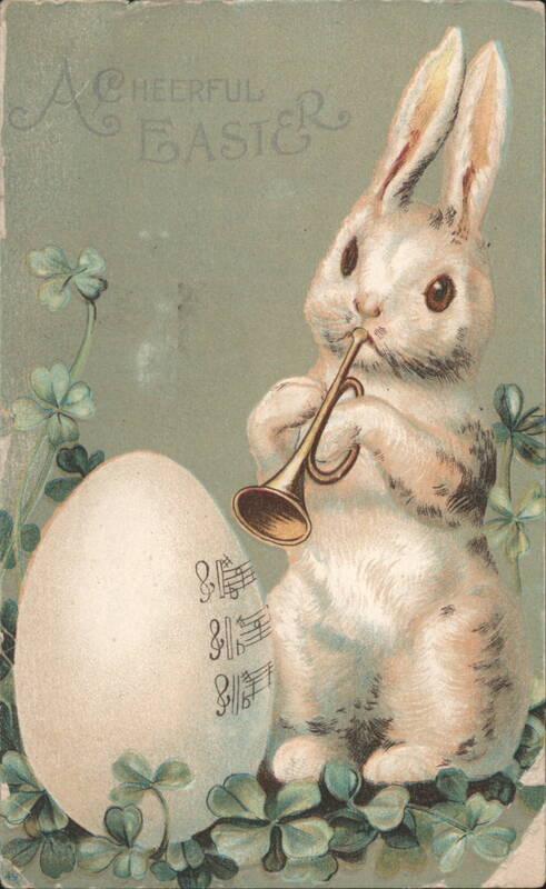 A Cheerful Easter Bunny Playing Trumpet with Musical Egg