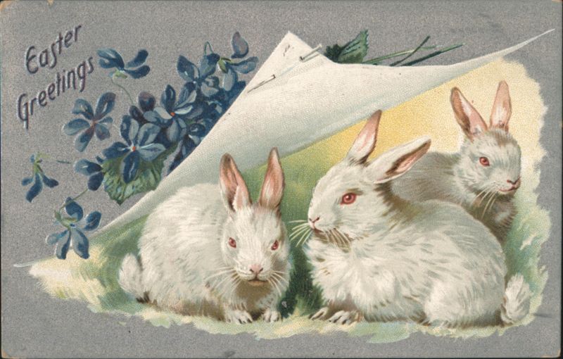 Easter Greetings Three White Bunnies with Blue Flowers