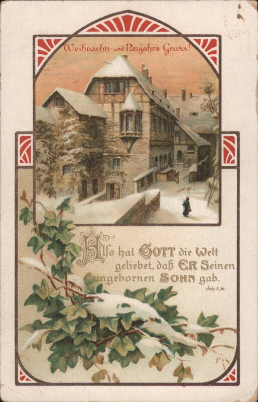 German Christmas and New Year's Greeting with Snowy House and Bible Verse