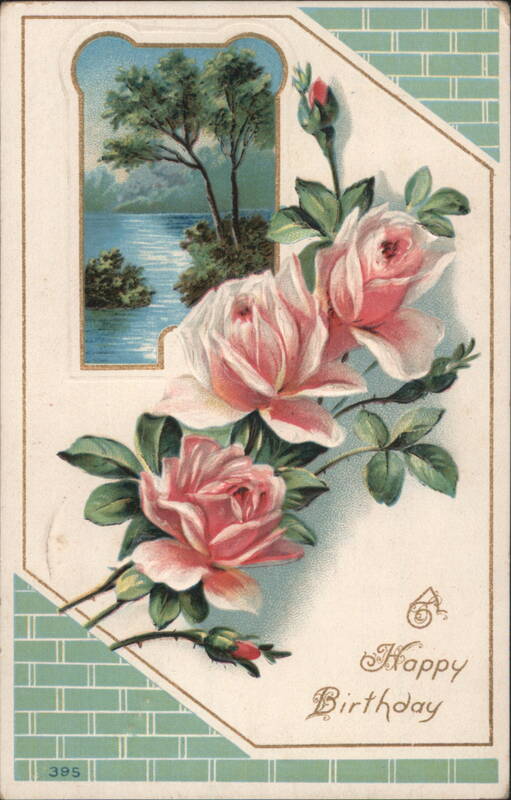 Pink Roses & Lake Landscape with Happy Birthday Greeting