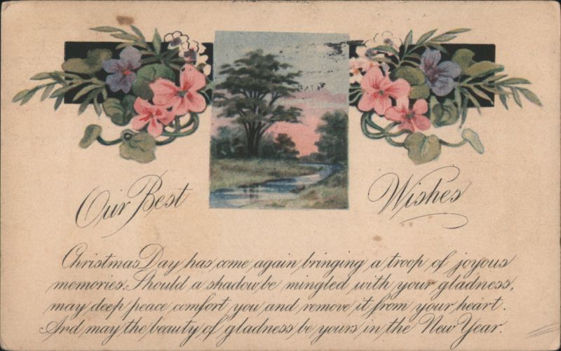 Christmas & New Year's Floral Greeting with Landscape Scene, 1913
