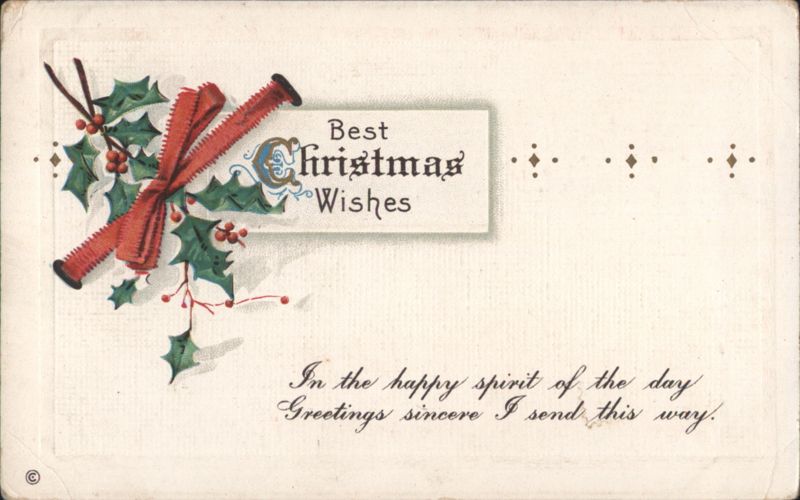 Best Christmas Wishes with Holly and Red Ribbon