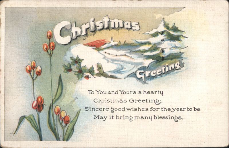 Christmas Greeting Card with Snowy Church and Winter Berries, 1922