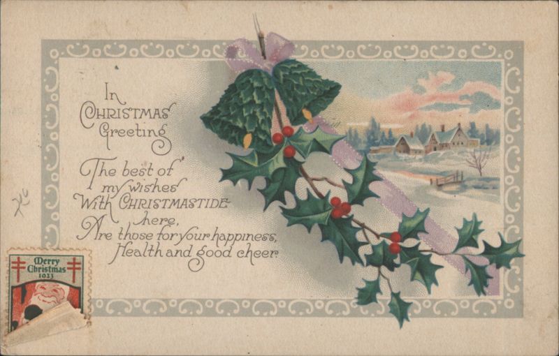 Christmas Greeting with Holly, Bells, and Snowy Village Scene 1923