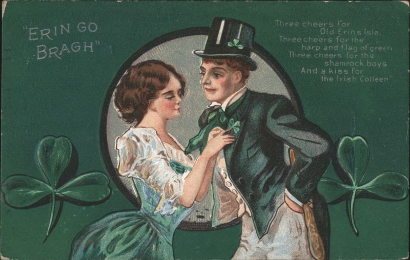 Erin Go Bragh Irish Couple, Shamrocks, St. Patrick's Day Verse, 1910