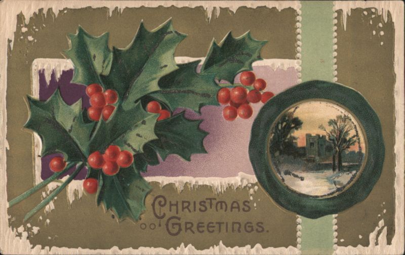 Holly & Berries with Winter Landscape Inset, Christmas Greetings
