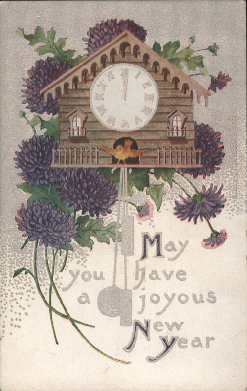 New Year's Cuckoo Clock with Flowers and Midnight Chimes
