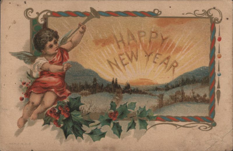 Happy New Year Cherub with Horn, Winter Landscape & Sunrise