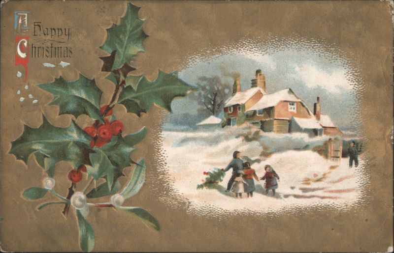 Happy Christmas Snowy Village Scene, Family with Tree, Holly & Mistletoe