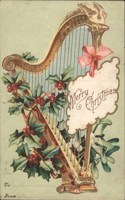 Merry Christmas Harp with Holly and Mistletoe
