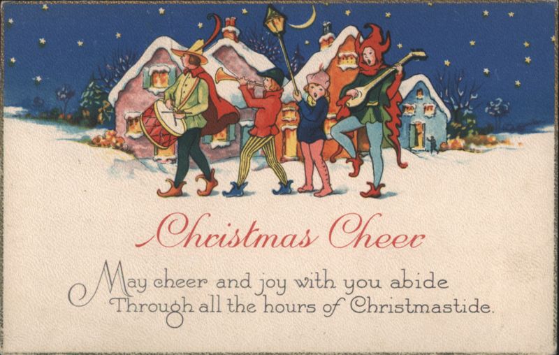 Christmas Cheer: Festive Musicians & Carolers in Snowy Village Scene