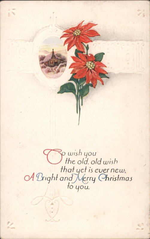 Poinsettias & Winter Cabin Scene, Merry Christmas Greeting
