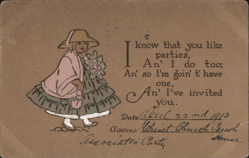 Girl in Hat Invites to Associate's Party at Christ Church Parish House 1913