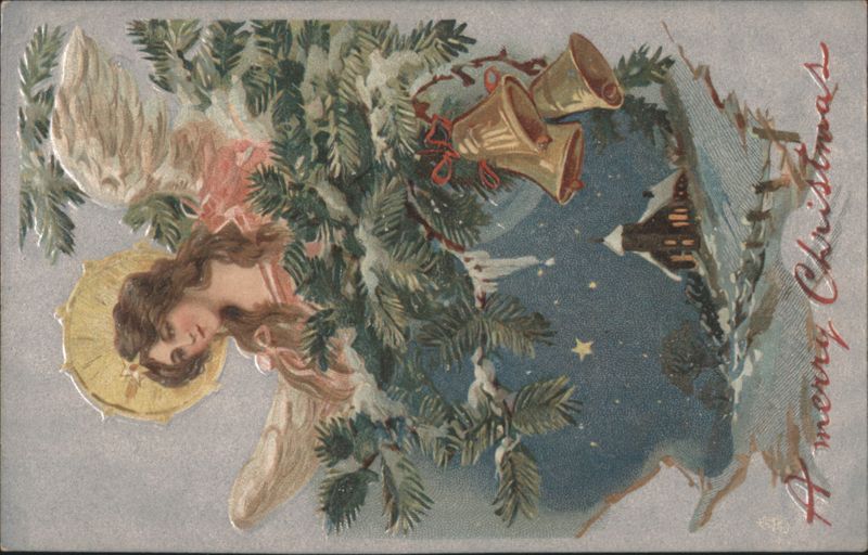 A Merry Christmas Angel with Bells and Snowy Village Scene
