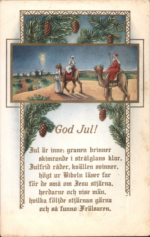 Three Wise Men on Camels Following Star, Swedish Christmas Greeting