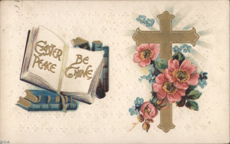 Easter Peace Be Thine with Cross, Pink Roses, Blue Flowers & Open Book