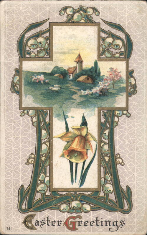 Easter Greetings Cross with Church Landscape, Daffodil, Art Nouveau Style