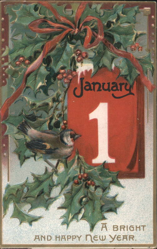 January 1 New Year Greeting with Holly, Berries, and Bird
