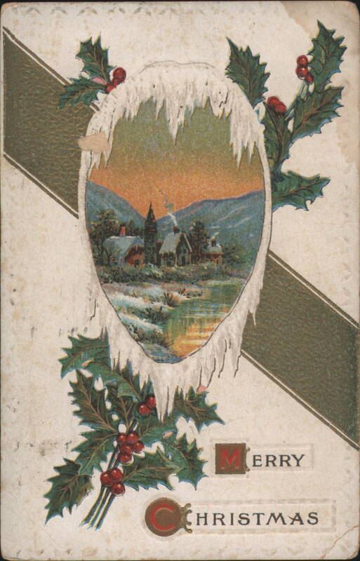 Winter Village Scene with Holly & Berries, Merry Christmas Greeting