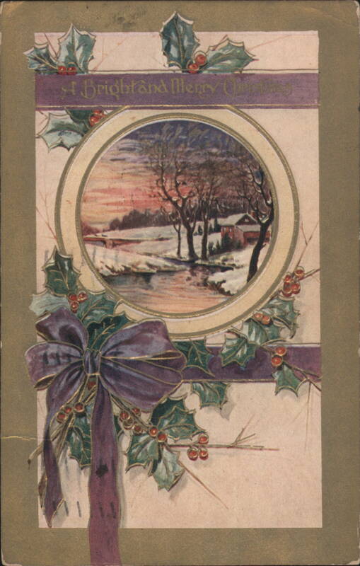 A Bright and Merry Christmas Winter Landscape with Holly and Bow