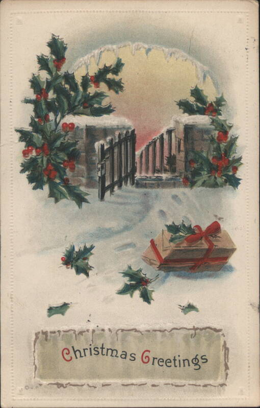 Christmas Greetings with Holly, Snow, Gate, and Gift