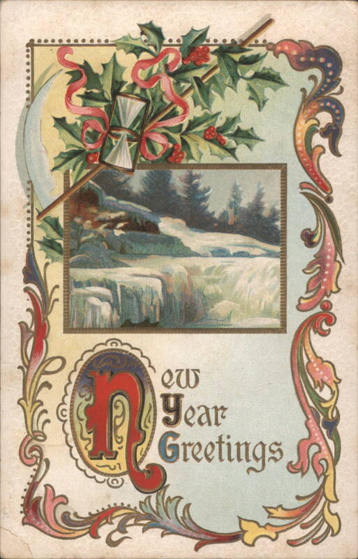 New Year Greetings with Holly, Hourglass & Winter Waterfall Scene